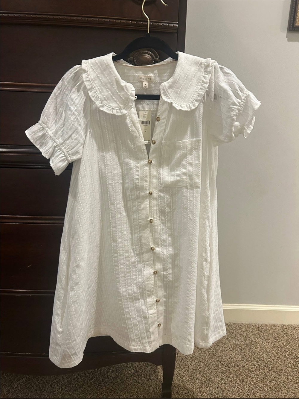 Anthropologie White Eyelet Button-Front Mini Dress with Peter Pan Collar